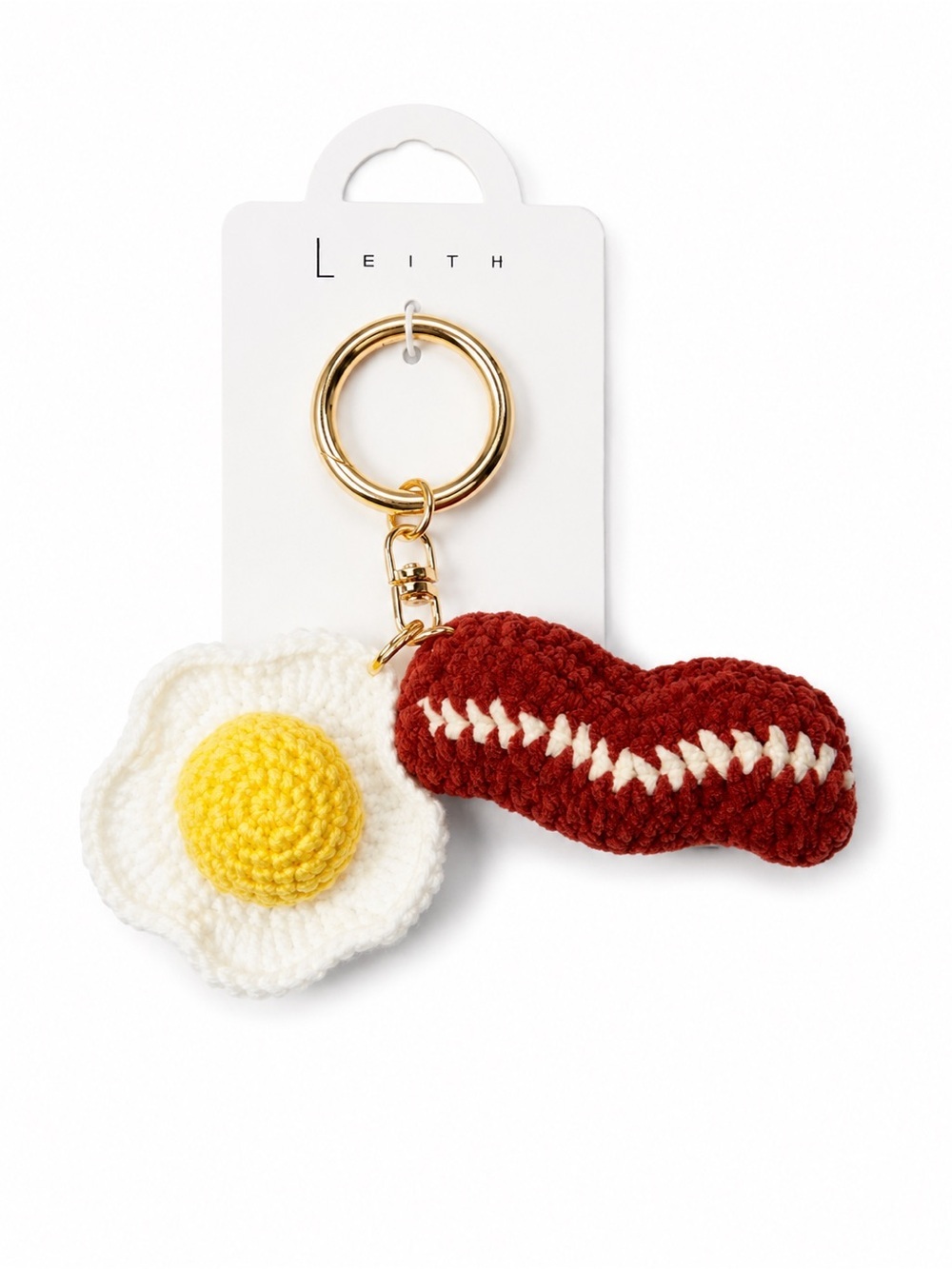 Leith Red, White & Yellow Crochet Bacon and Egg Bag Charm